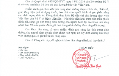 Công văn số 398/BVSN-QLCL v/v Triển khai thực hiện mẫu phiếu đánh giá, sàng lọc tình trạng dinh dưỡng cho ngừoi bệnh tại các khoa lâm sàng